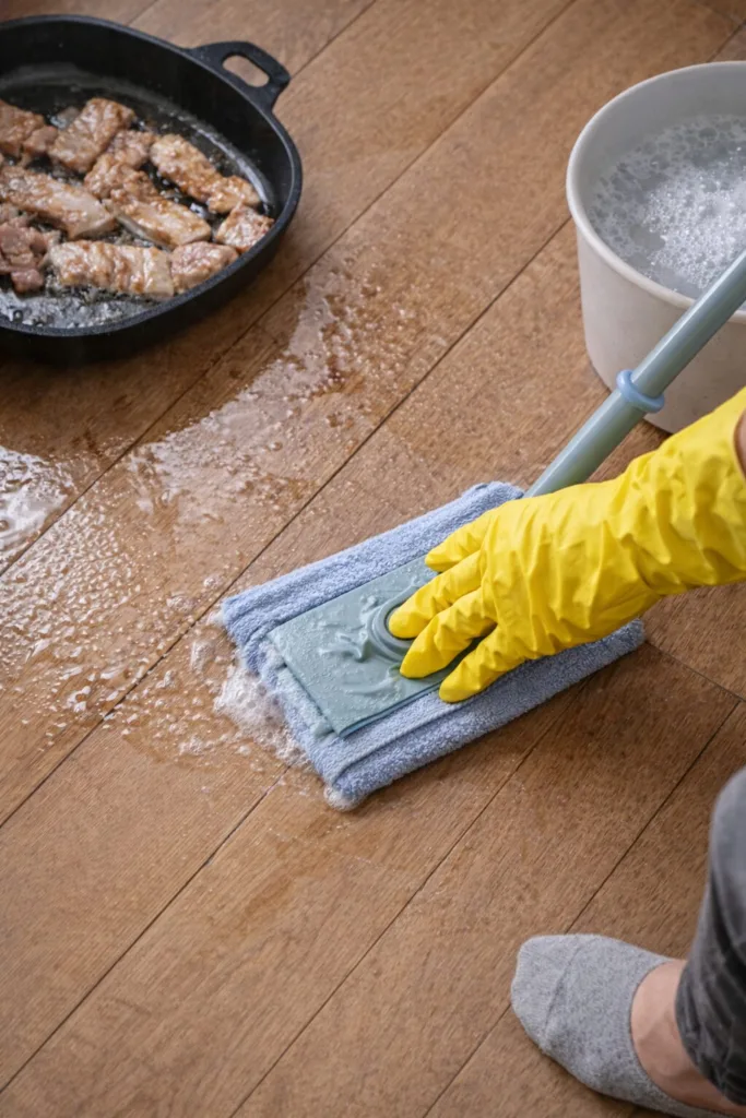 “삼겹살 한 번 구웠을 뿐인데… 집안 바닥이 미끄러운 진짜 이유와 10분 만에 해결하는 방법”